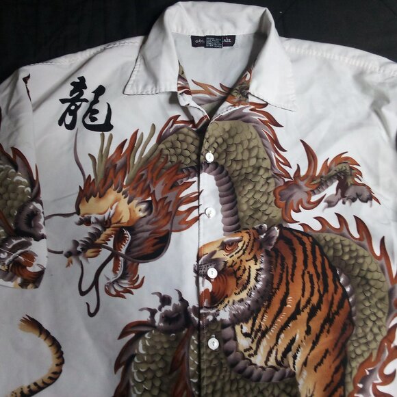 Vintage Golden Apparel Dragon Vs. Tiger Polyester Button Shirt - Picture 1 of 6